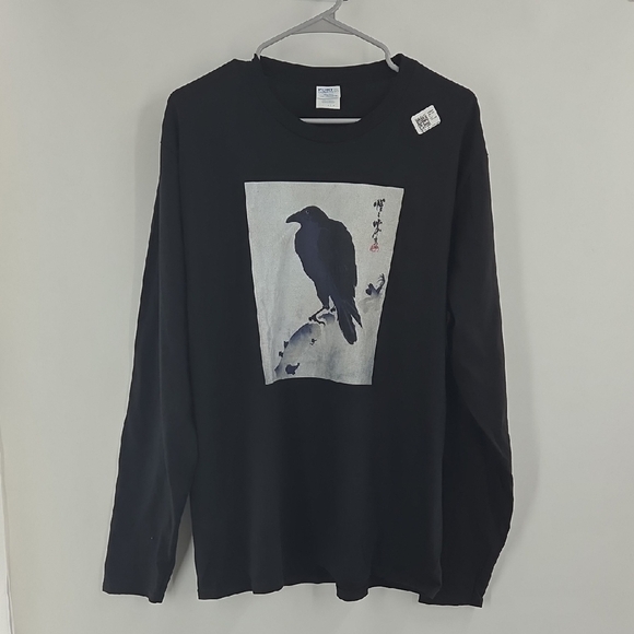 Black Long Sleeve Shirt With Japanese Kyosai Crow/Raven Art NEW - Picture 4 of 16